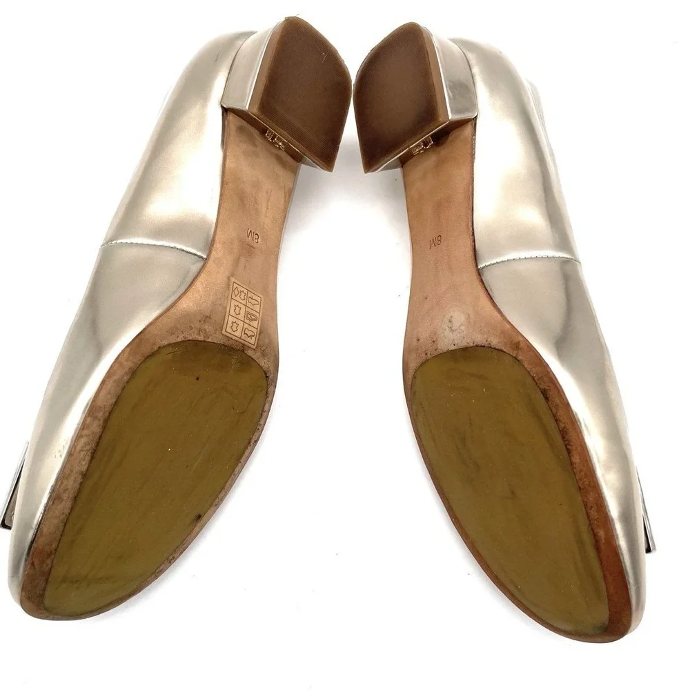 Tory Burch Gigi Block Heel Pumps Metallic Gold Leather Logo Shoes Women's 8M